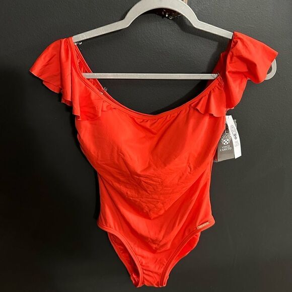 Vince Camuto Ruffle Off The Shoulder OnePiece Swimsuit Sz 6 NWT Bright CoralRed - Picture 5 of 9